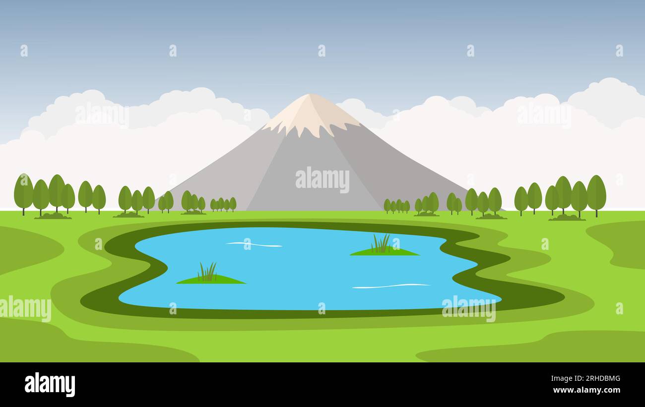 lake and mountain flat vector nature landscape background. Stock Vector