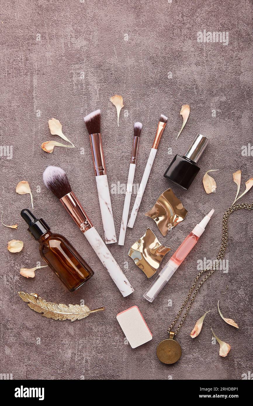 Feminine aesthetic make up flat lay. Korean beauty cosmetic and accessories flat lay Stock Photo