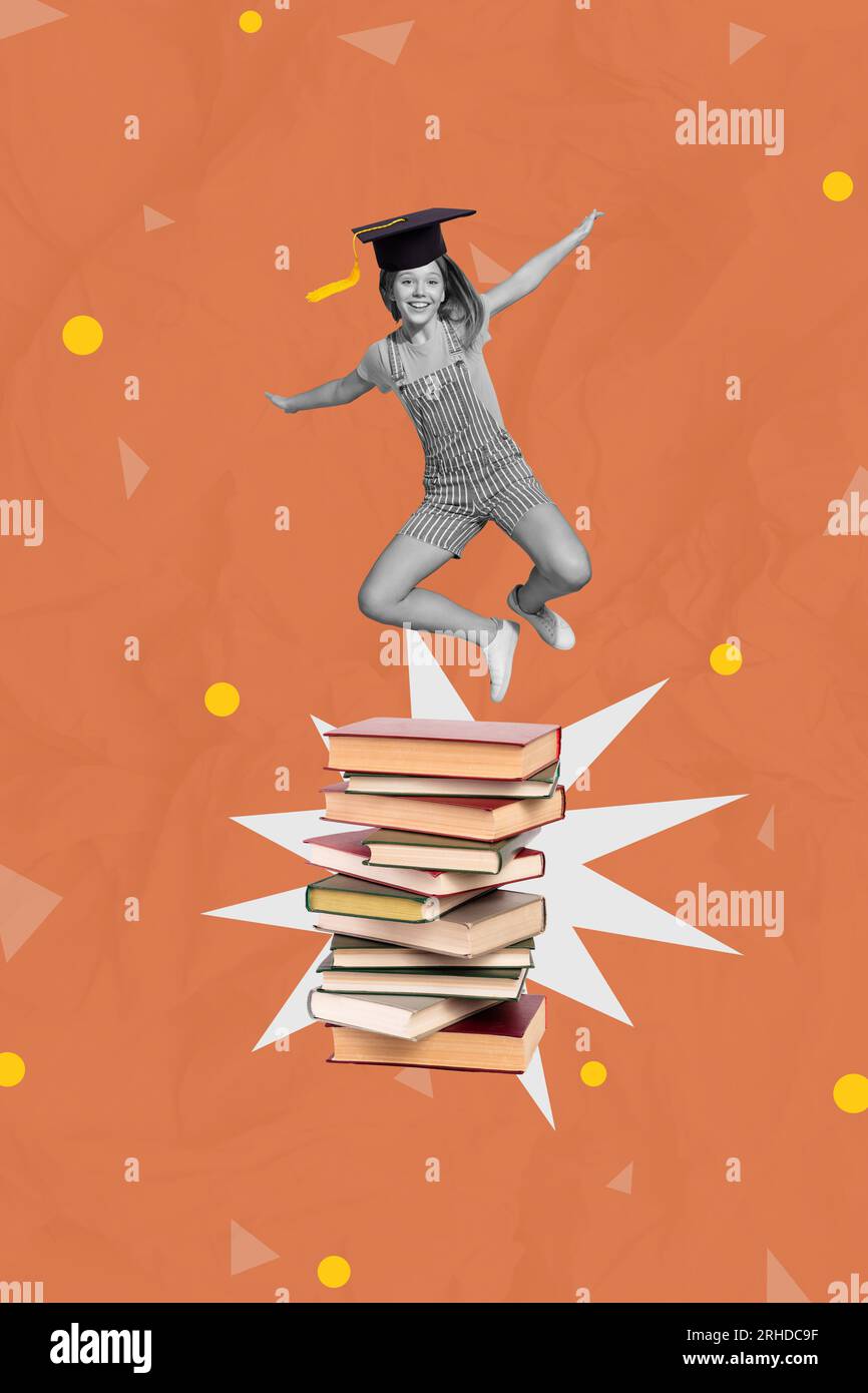 Photo comics sketch collage picture of happy carefree little schoolkid enjoying finishing school year isolated orange color background Stock Photo