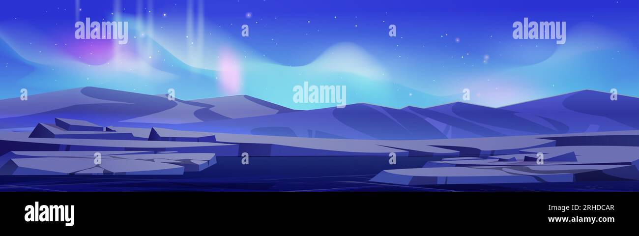 Aurora borealis shimmering above ice landscape. Vector cartoon illustration of colorful abstract northern lights in night sky with many stars, rocky mountains, frozen water surface, nordic nature Stock Vector