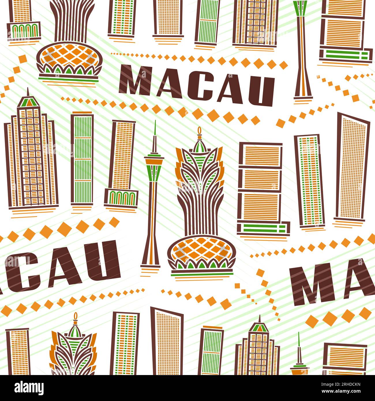 Vector Macau Seamless Pattern, square repeating background with illustration of famous macau city scape on white background for wrapping paper, decora Stock Vector