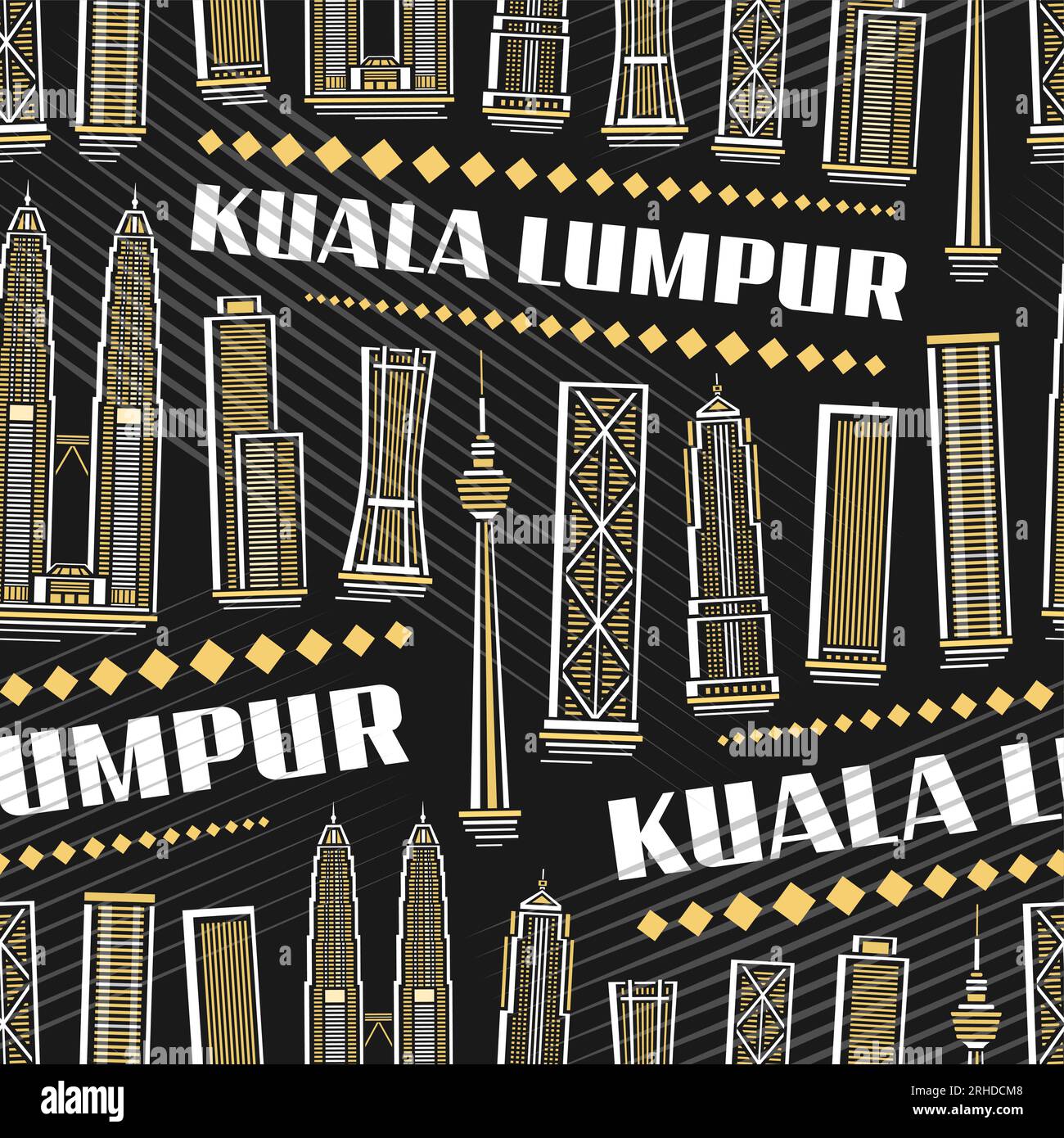 Vector Kuala Lumpur Seamless Pattern, repeating background with illustration of famous asian city scape on dark background for wrapping paper, decorat Stock Vector