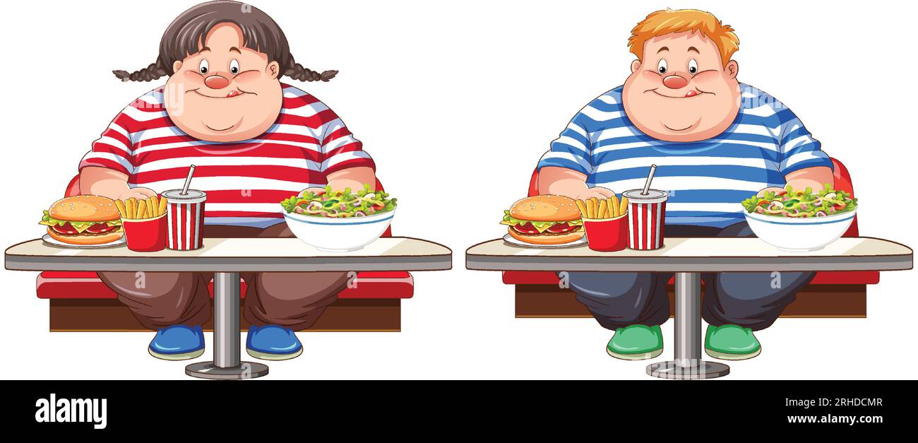 Set of plus size male and female eating fast food illustration Stock ...