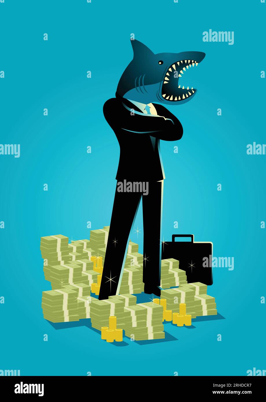 Business concept vector illustration of a businessman as a shark standing with a lot of money underneath him Stock Vector