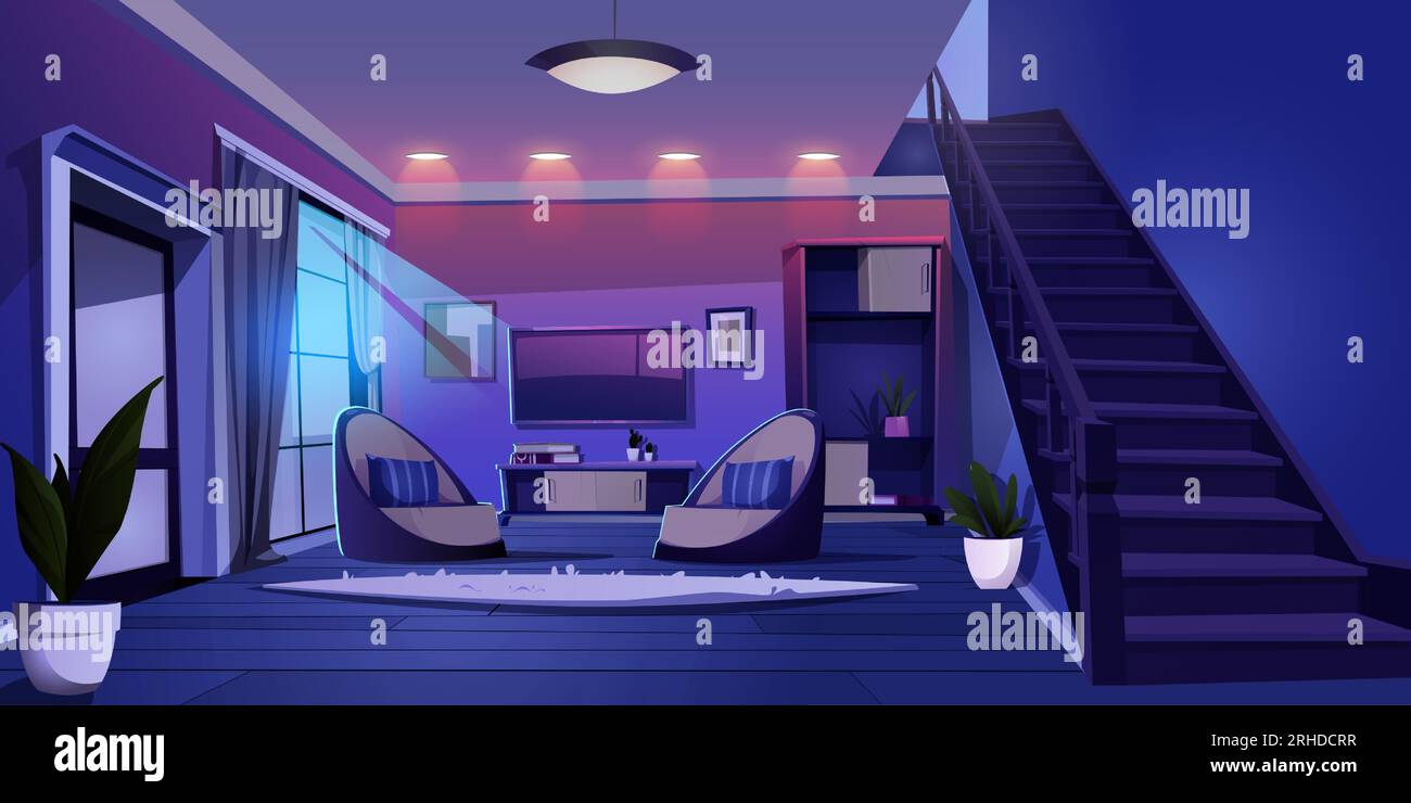 Led In House Cartoon Modern living room with TV at night. Vector cartoon illustration of ...