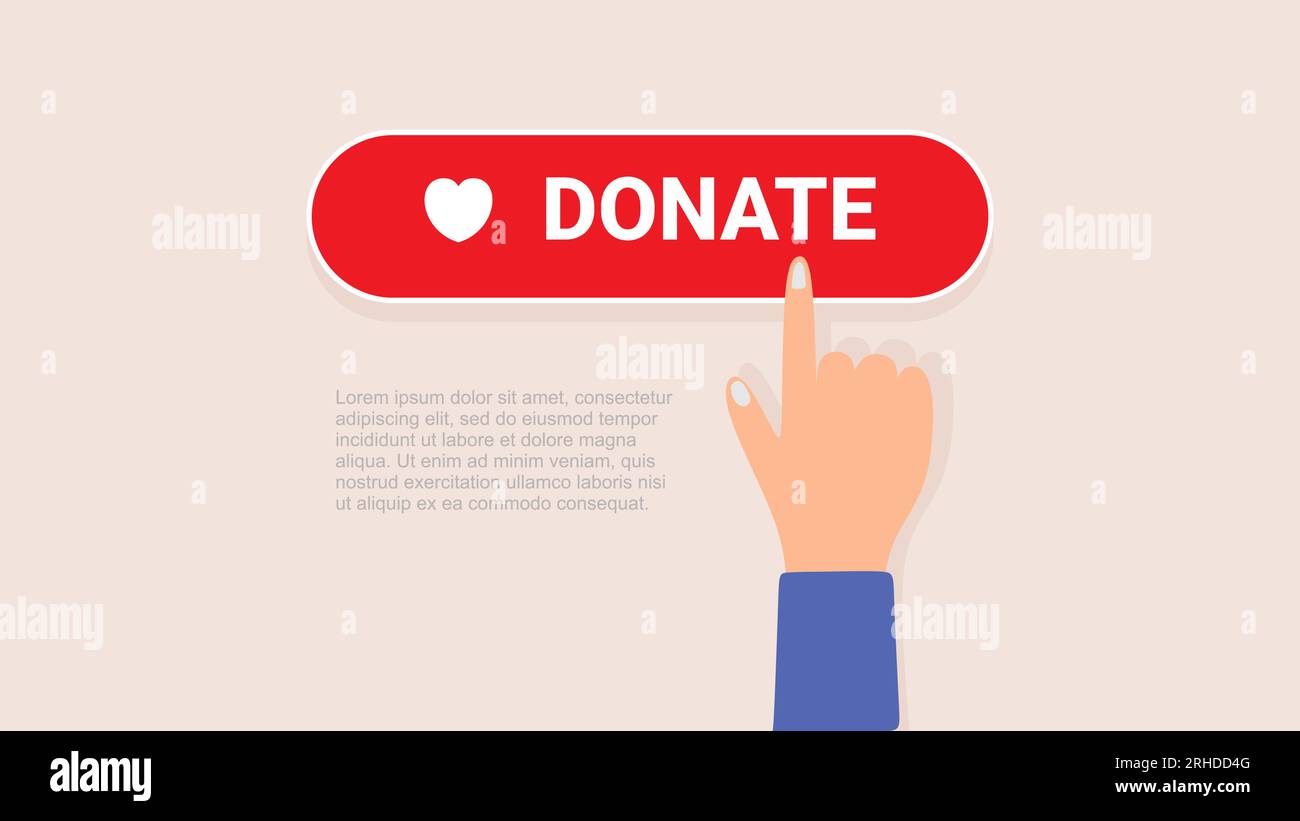 hand push donate button in flat style design. Stock Vector