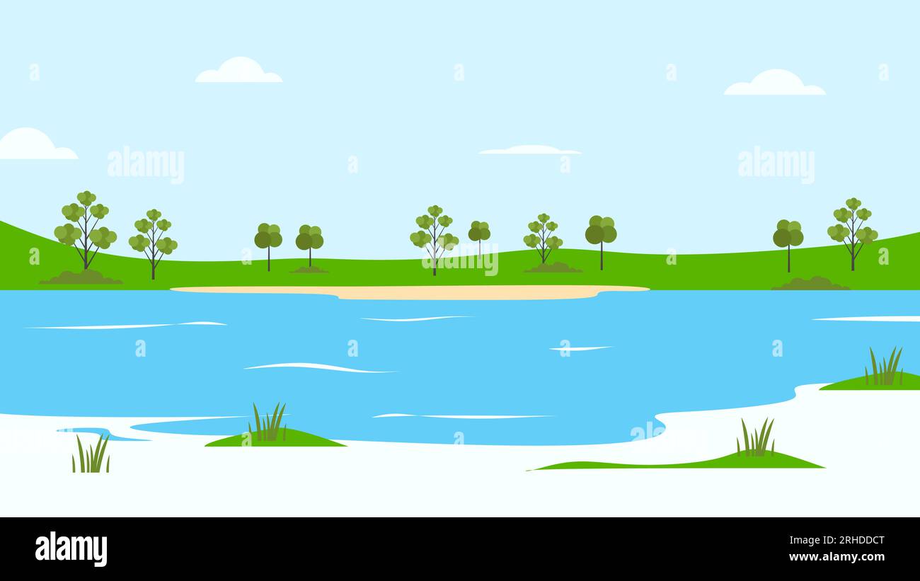 lake flat vector nature landscape background. Stock Vector