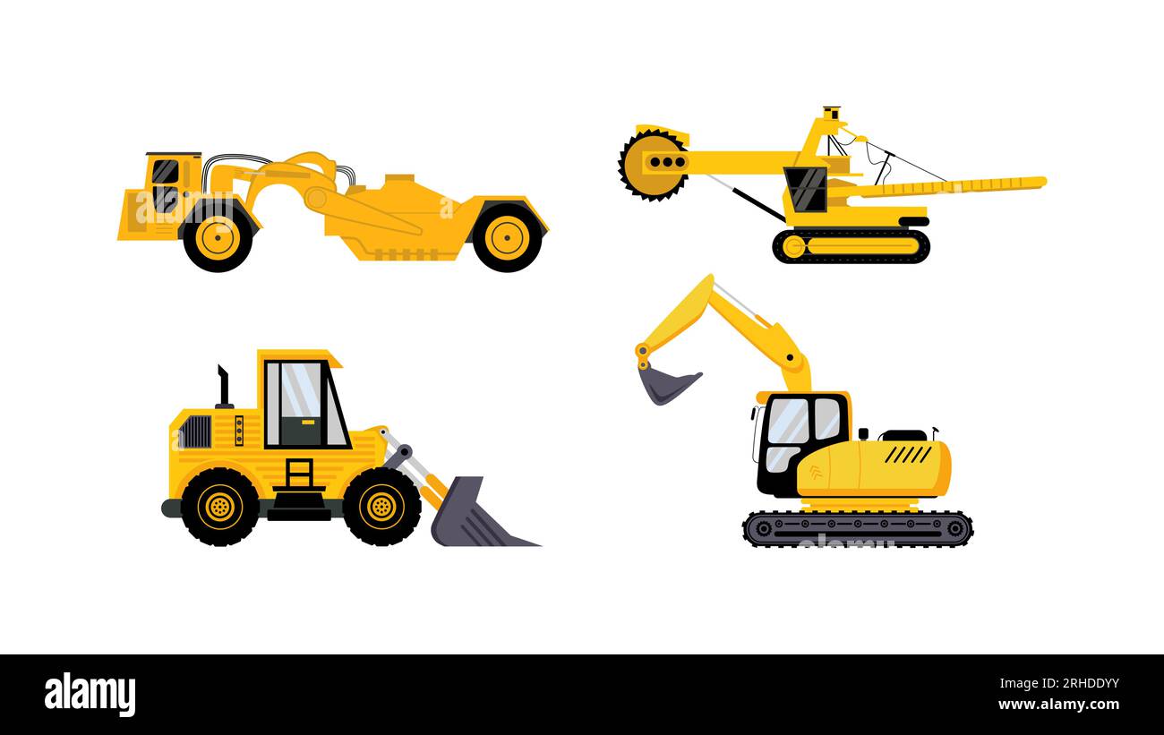 four mining vehicle set flat element isolated on white background. Stock Vector