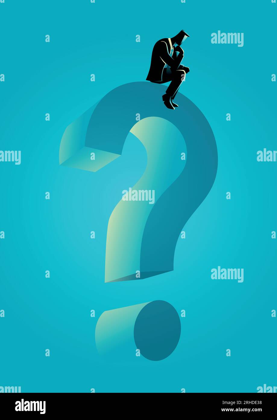 Vector illustration of a man sitting on big question mark symbol Stock Vector