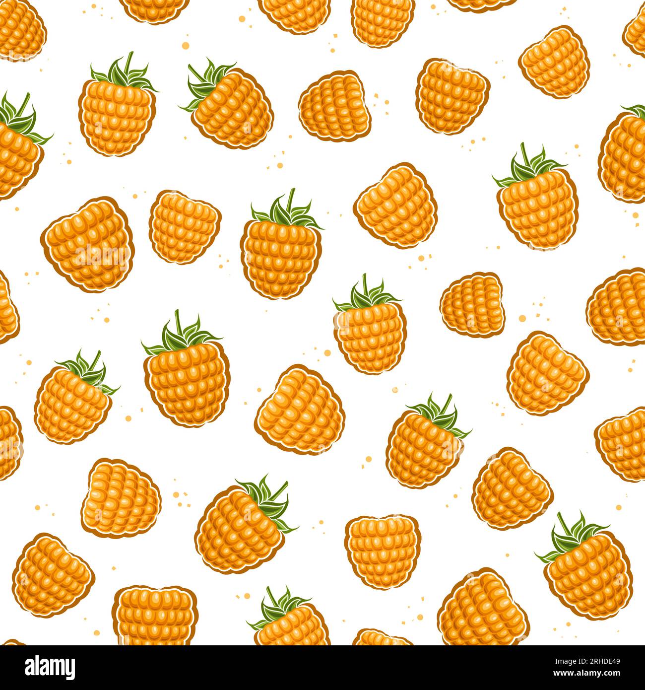 Vector Yellow Raspberry seamless pattern, repeating background with cut out illustration of ripe whole raspberries with green leaves for wrapping pape Stock Vector