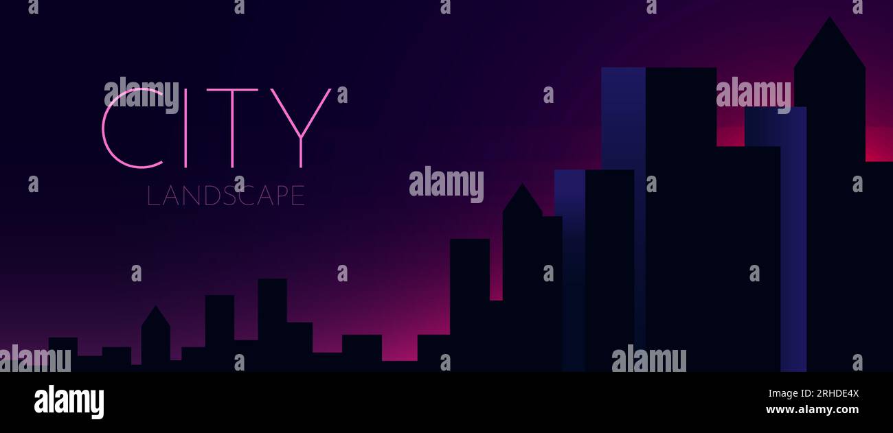Futuristic night city. Cityscape on a dark background with glowing neon ...