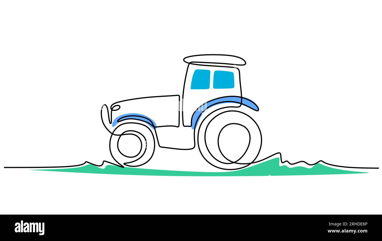 One line drawing of big tractor on field isolated on white background. Continuous single line
