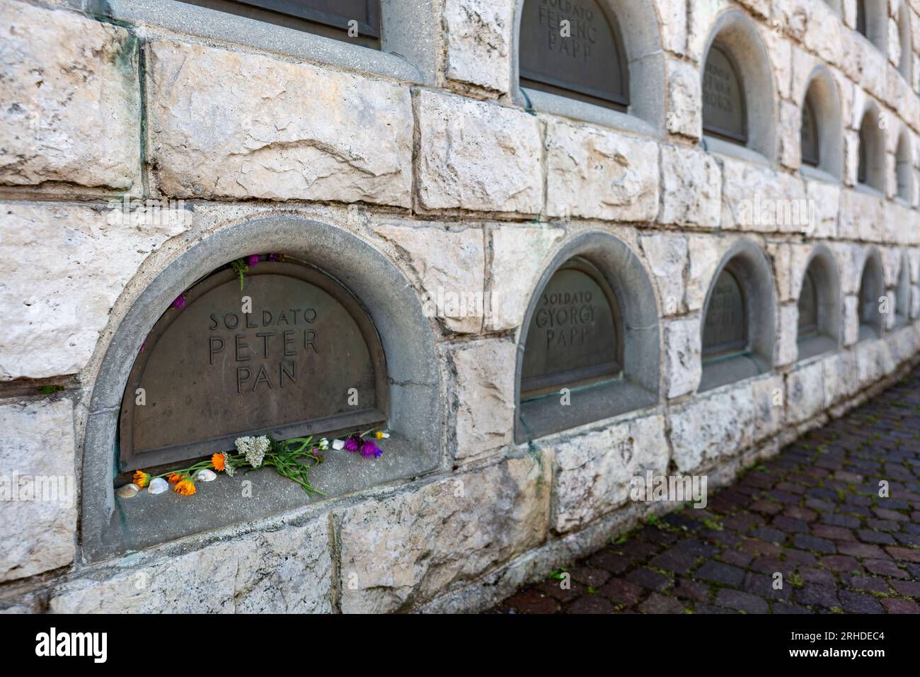 Peter Pan really existed. He was a Hungarian soldier who died on Mount Grappa during the Great War and is now buried in the memorial. Stock Photo