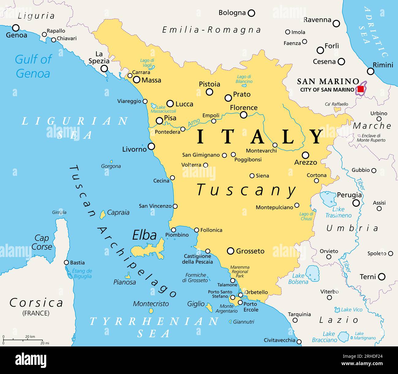 Tuscany, region in central Italy, political map with many popular tourist spots like Florence, Castiglione della Pescaia, Pisa, Grosseto and Siena. Stock Photo