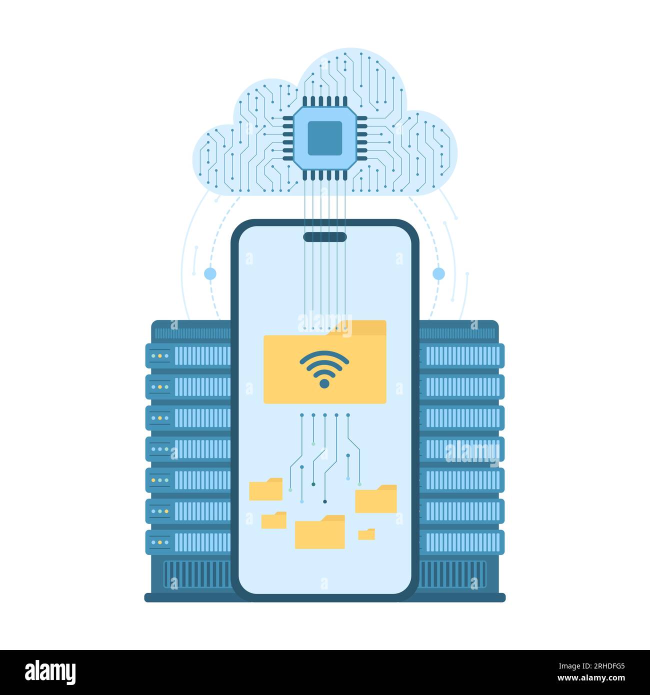 Cloud system for digital data synchronization, backup and storage vector illustration. Cartoon isolated folders with information on mobile phone screen synchronized through database server connection Stock Vector