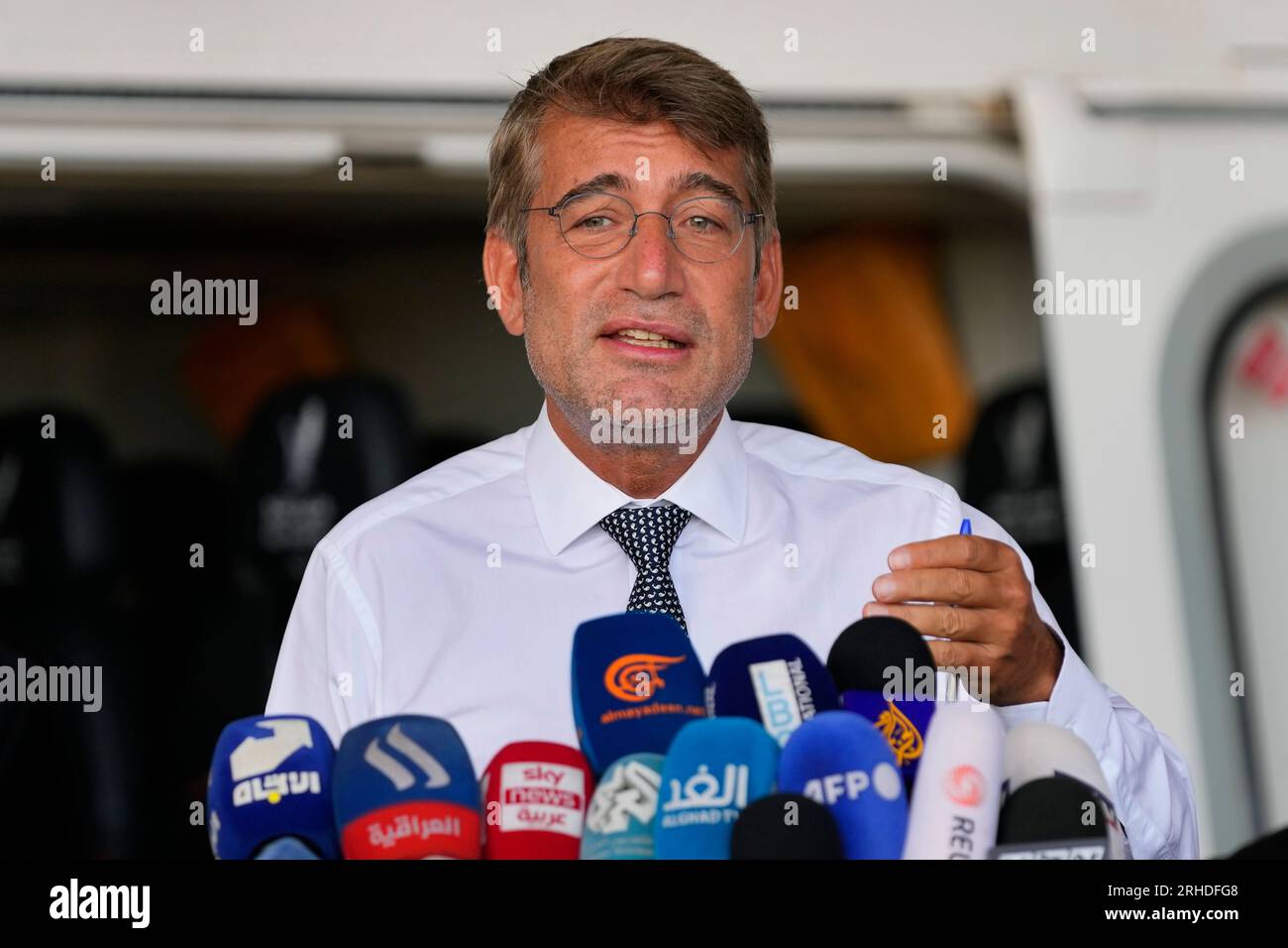 Lebanon's Energy Minister Walid Fayyad, speaks to reporters at the ...