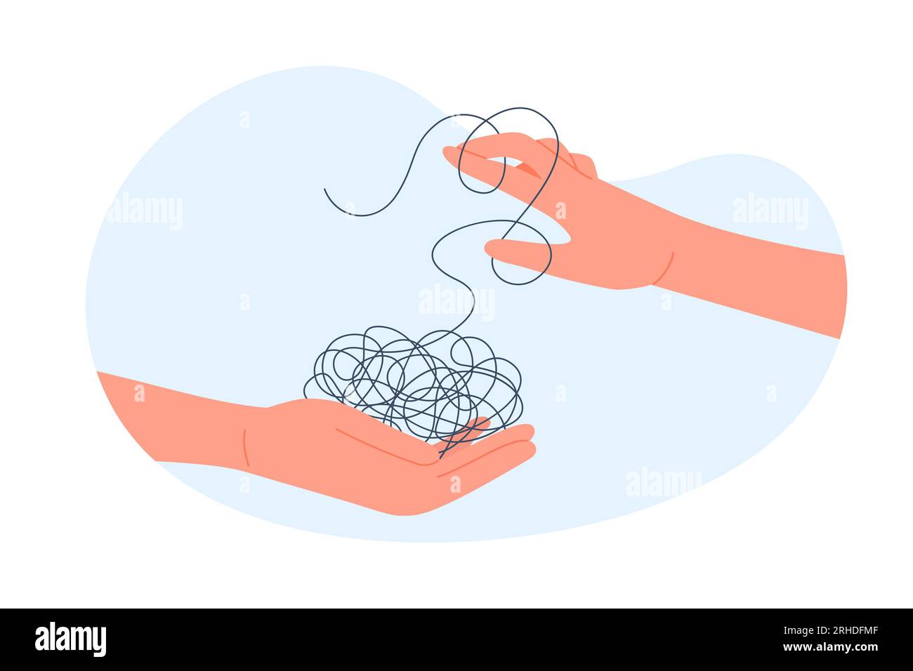 Smart solution for complicated puzzle of mess and chaos vector illustration. Cartoon two hands holding knot of tangled thread to pull and unravel string, psychology metaphor of help in mind problem Stock Vector