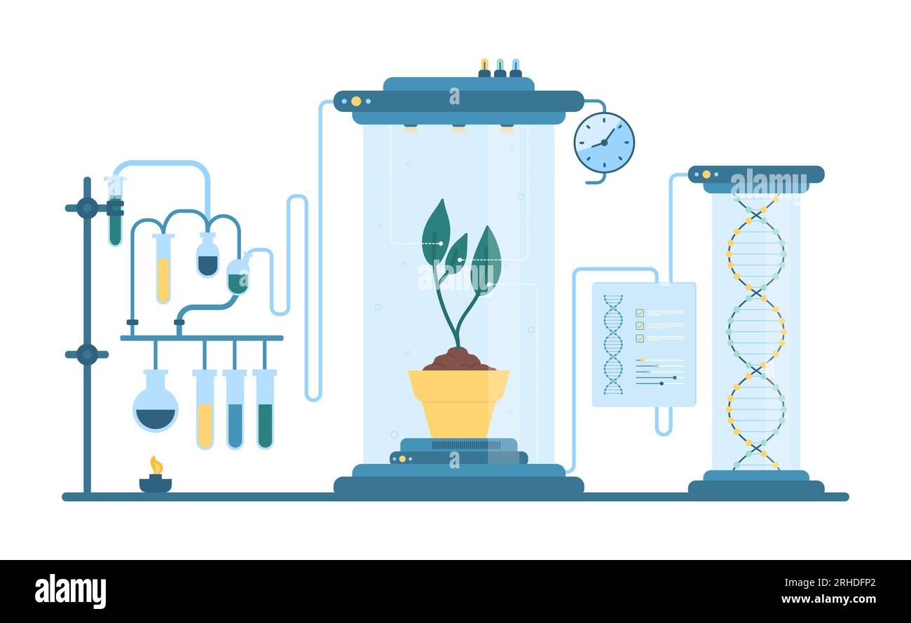 Biotechnology laboratory research vector illustration. Cartoon isolated lab equipment system for science experiment, futuristic plant cultivation and breeding of green sprouts in pot and test tubes Stock Vector