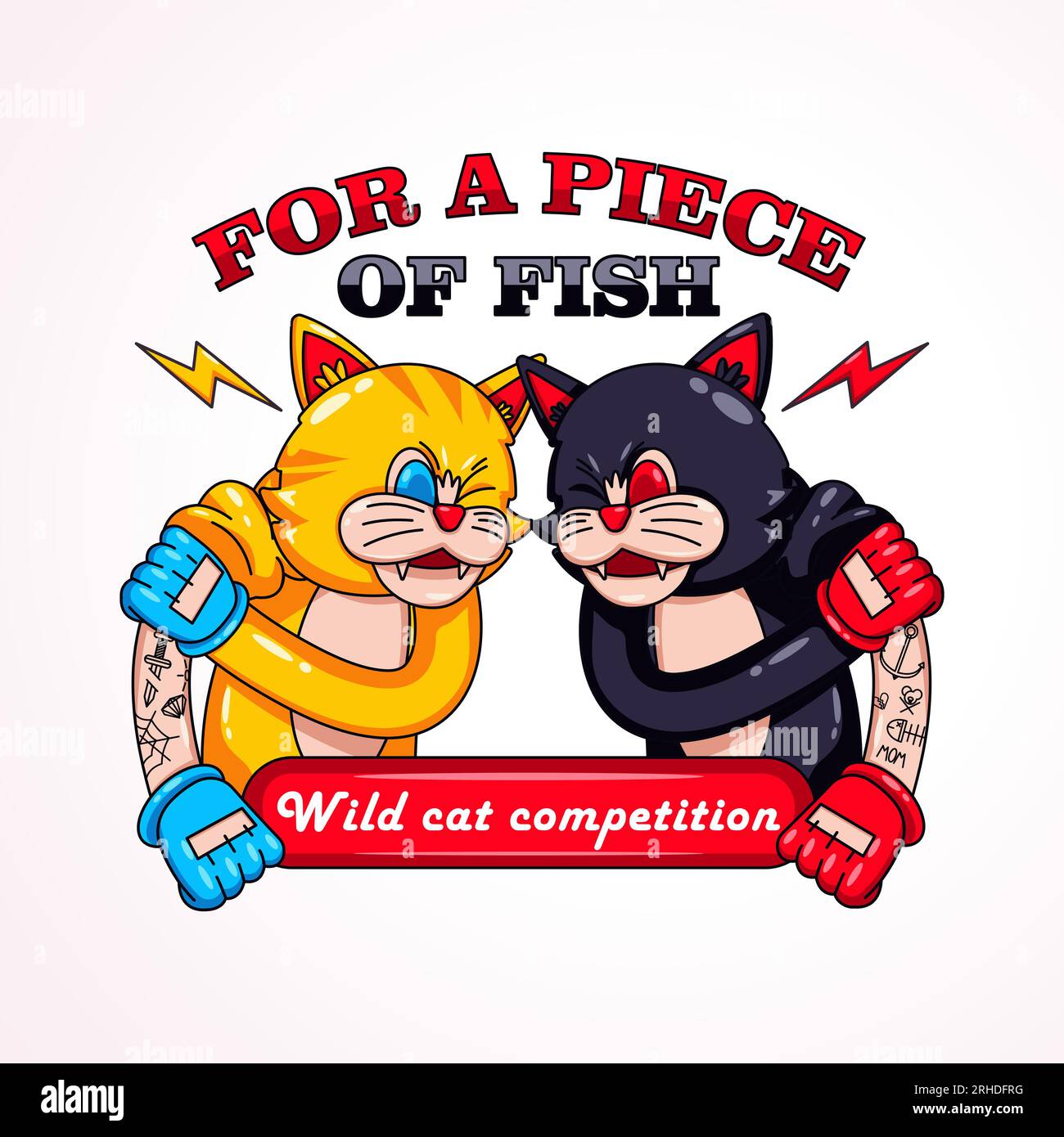 Cat fight, for a piece of fish. Retro Vector Cartoon, Suitable for mascots, t-shirts, stickers and posters Stock Vector