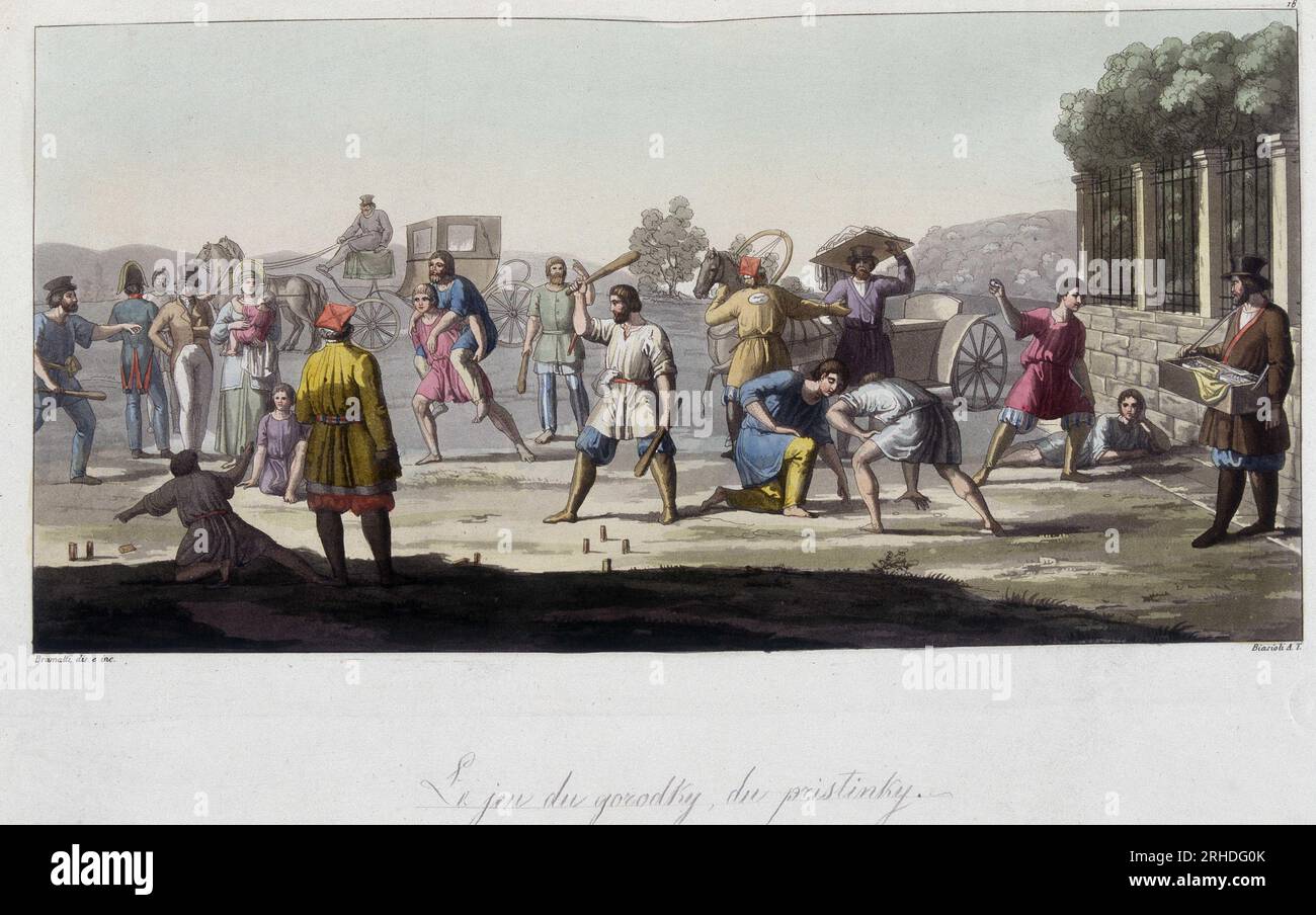 Les jeux russes du Gorodky et du pristinsky et autres distractions, Russie. In'Le costume ancien et moderne' 1819-1820 par Ferrario. Stock Photo