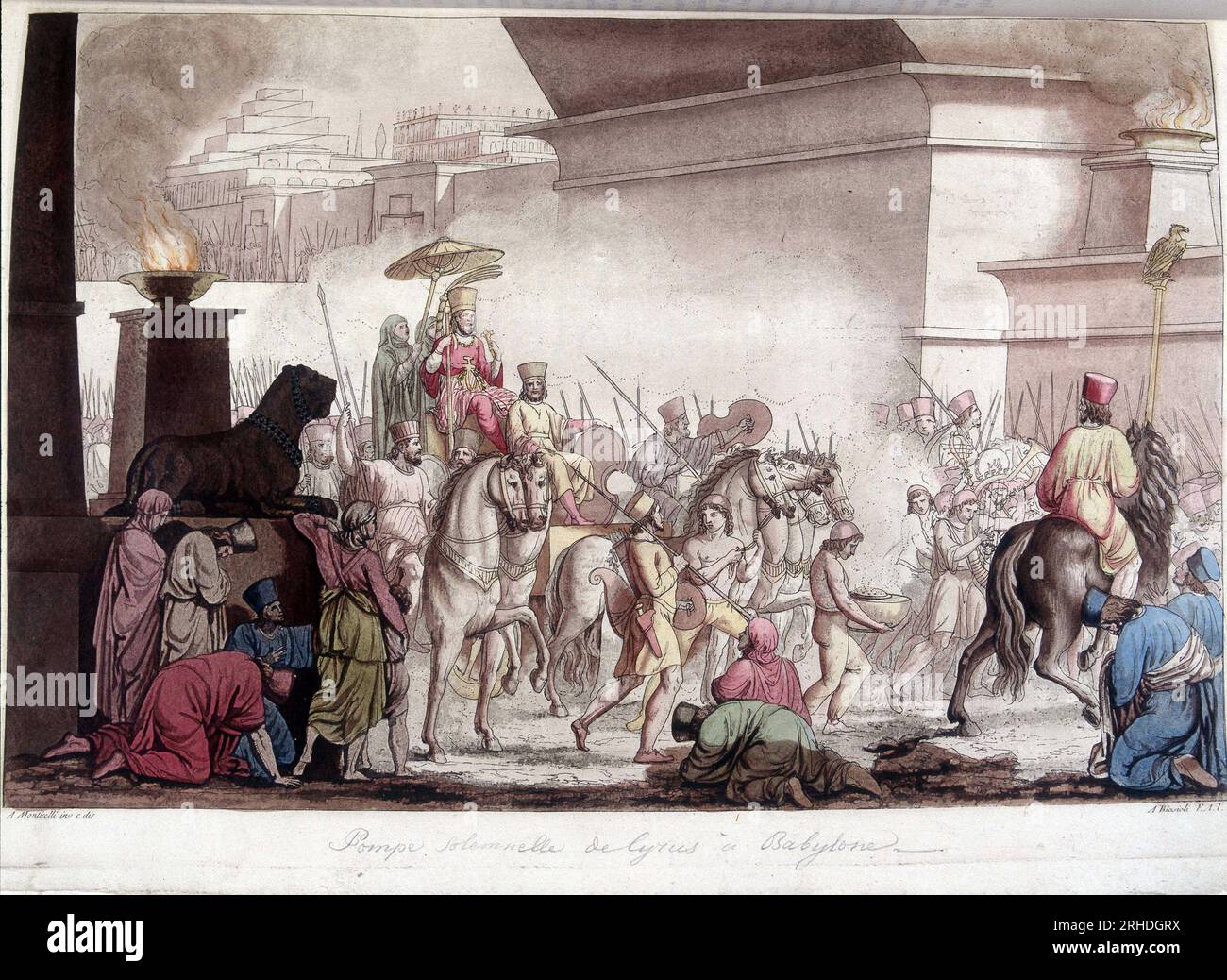 Entree du roi Cyrus II le Grand (580 av. JC - 530 av. JC) en grande pompe dans Babylone - in 'Le costume ancien et moderne' par Ferrario,  1819-20 Stock Photo