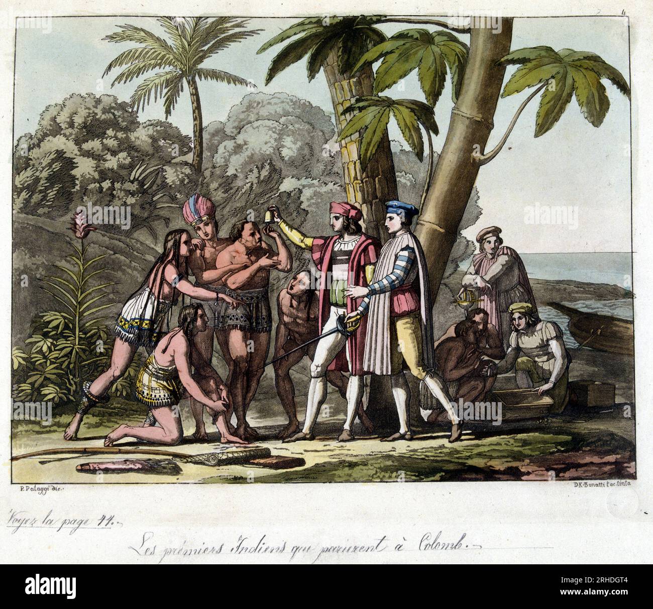 Les premiers indiens qui parurent a Colomb - in 'Le Costume ancien et moderne' par le docteur Jules Ferrario, 1819-1820 ed. Milan. Stock Photo