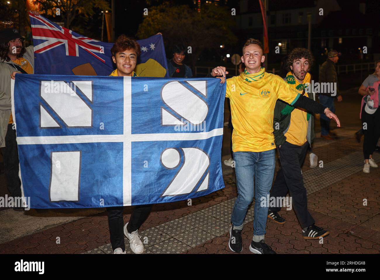 Fans drive with flags and banners during the FIFA Women's World Cup 2023 Semi-Final match Australia Women vs England Women at Stadium Australia, Sydney, Australia, 16th August 2023  (Photo by Patrick Hoelscher/News Images) Stock Photo