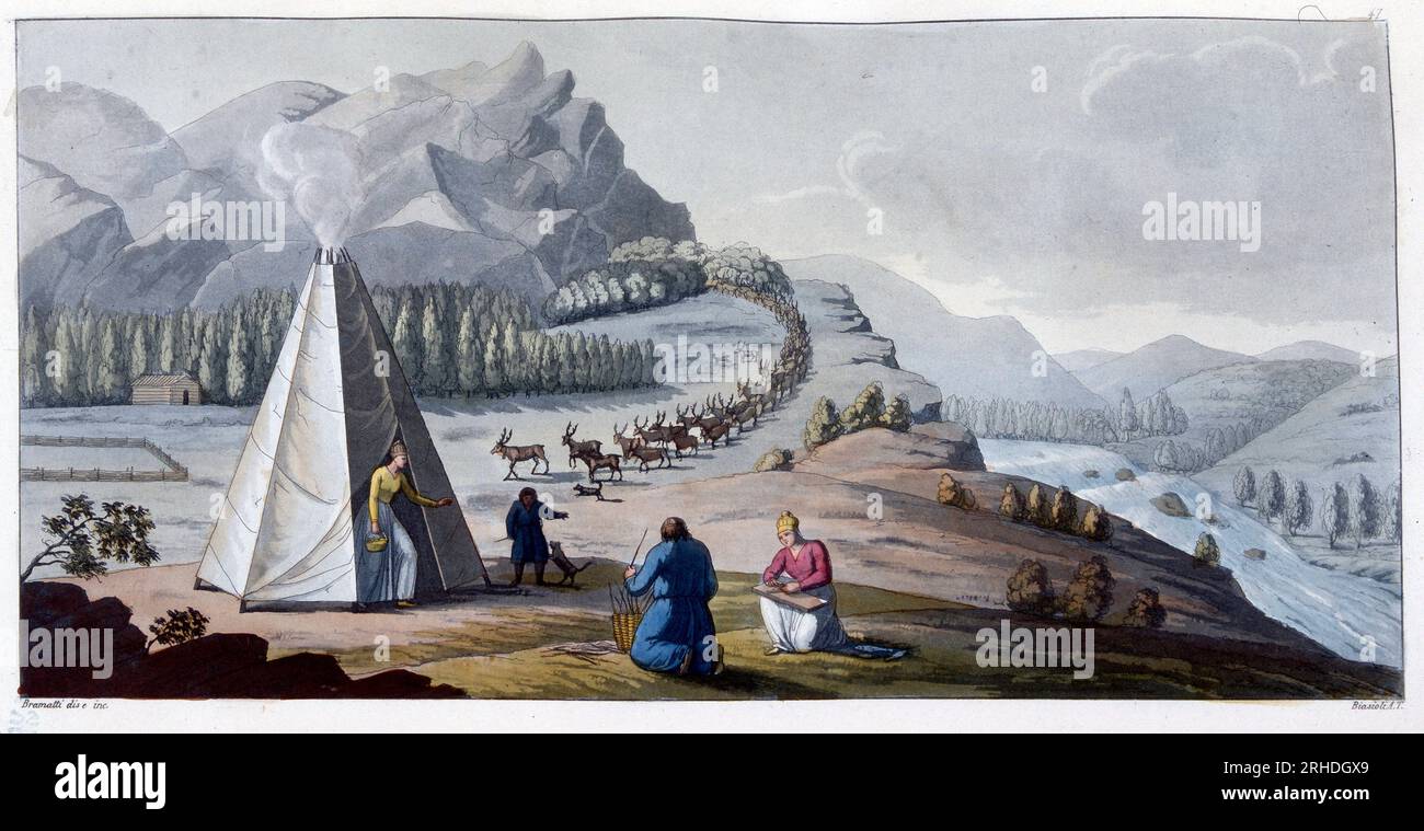 Hutte octogonale de Lapons - in 'Le costume ancien et moderne' par Jules Ferrario,  1819-1820 Stock Photo