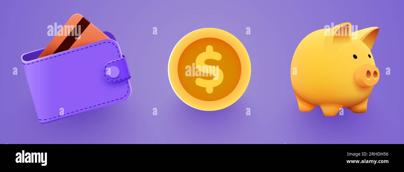 Set of financial icons objects. Wallet, coin and piggy bank. Vector ...