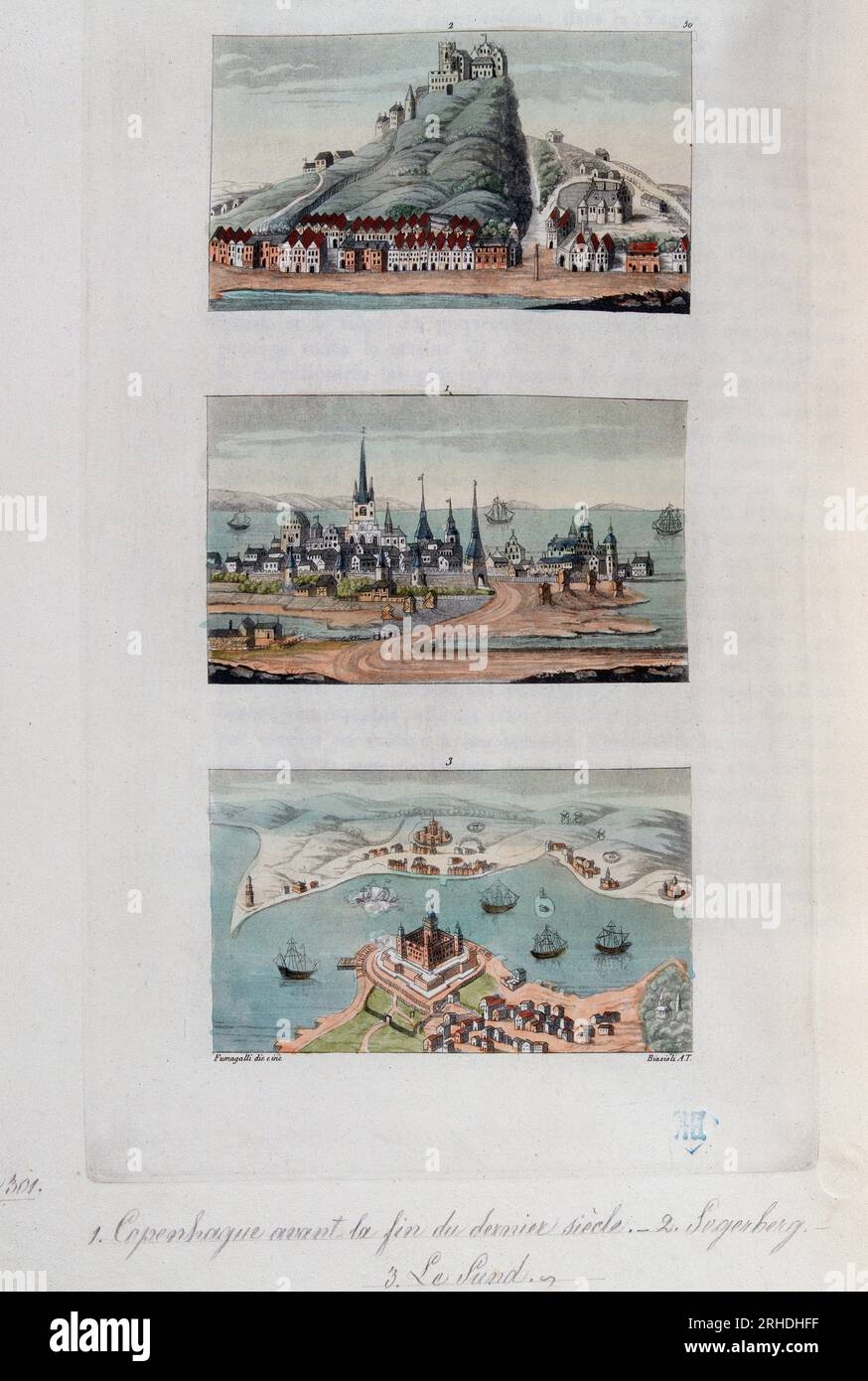 Les villes danoises de Copenhague, Segerberg et Sund, fin XVIIIeme siecle - in 'Le costume ancien et moderne' par Ferrario,  1819-20 Stock Photo