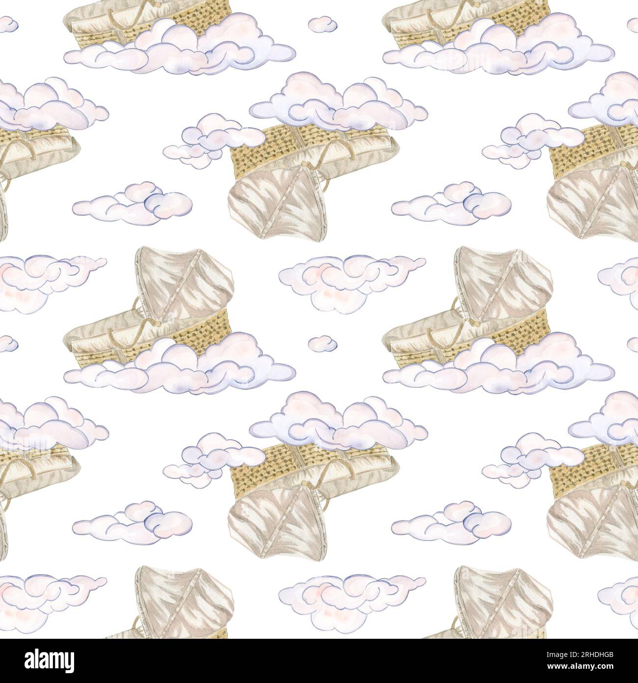 Seamless pattern with a baby cradle for a baby in pink clouds on a ...