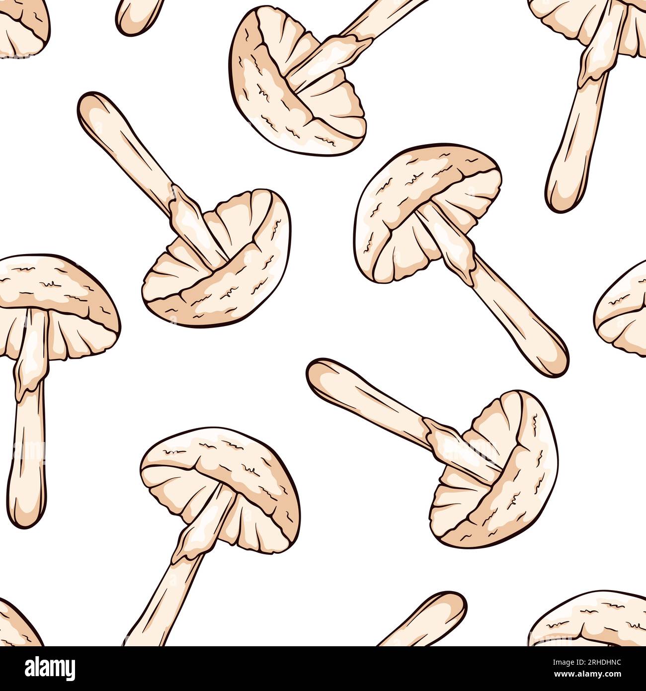 Seamless pattern with Destroying Angel inedible mushrooms in cartoon, line art style. For wrapping paper, wallpaper, textiles, background. Vector Stock Vector