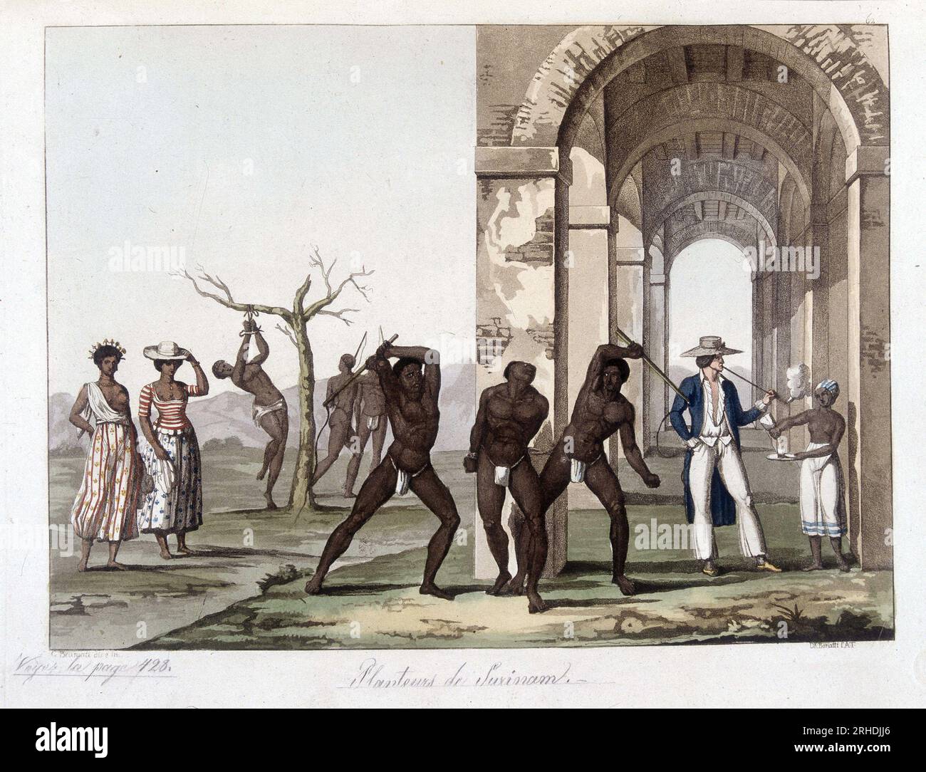 Planteurs du Surinam: Esclaves battus et maltraite en Guyane (fin XVIIIeme siecle) - in 'Le Costume ancien et moderne' de Jules Ferrario, 1819-1820 Stock Photo