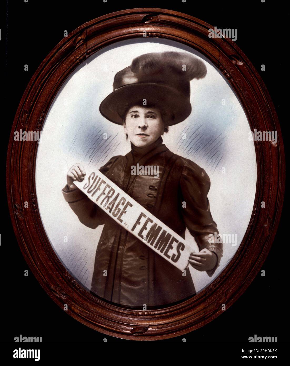 Portrait de Hubertine Auclert (1848 - 1914), suffragette francaise, tenant Suffrage des femmes. Peinture anonyme. Bibliotheque Marguerite Durand. Stock Photo