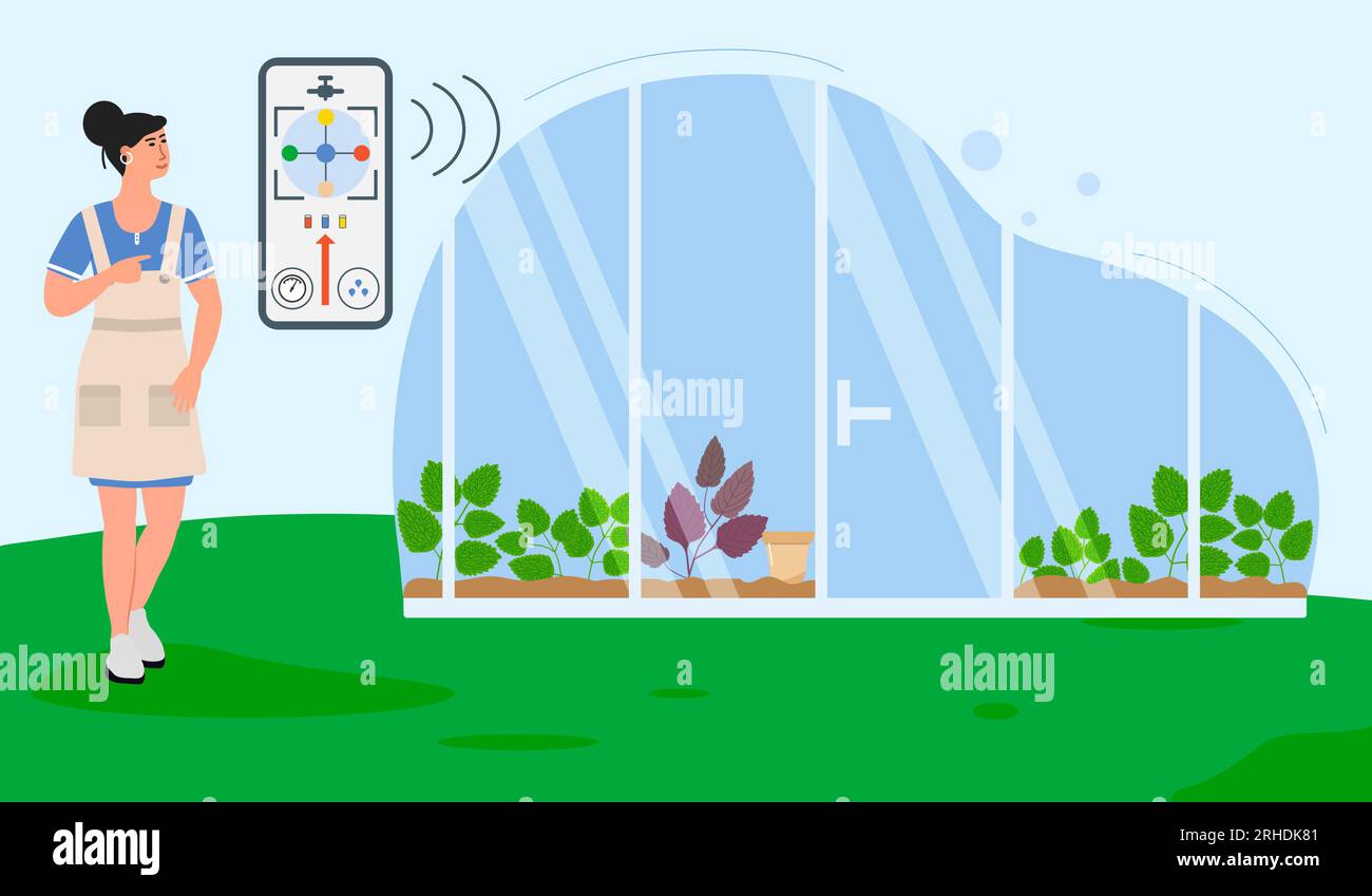 Person controls smart agricultural greenhouse system by digital device Vector illustration