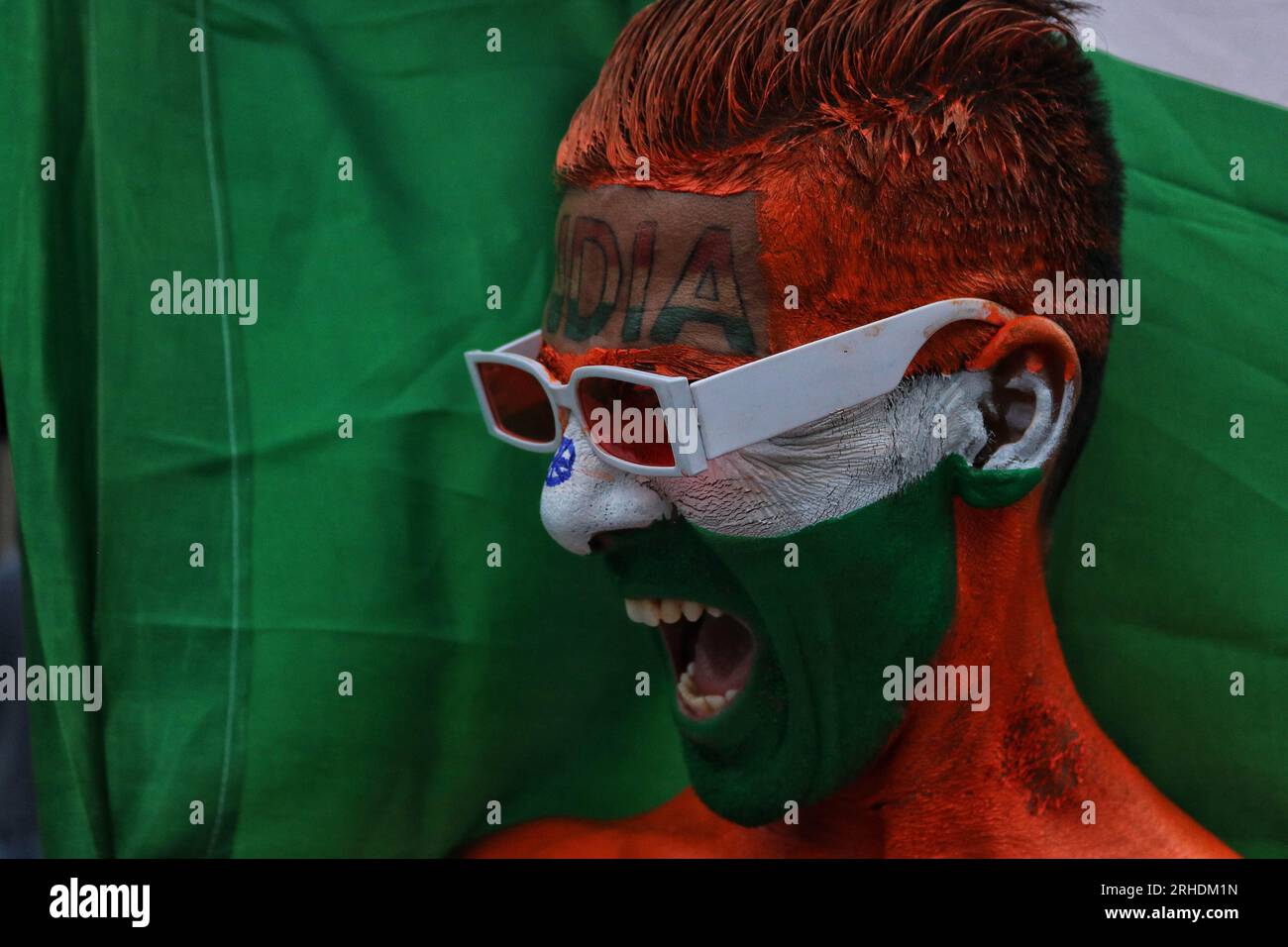 Srinagar, India. 15th Aug, 2023. August 15, 2023, Srinagar Kashmir, India : A supporter of Akhil Bharatiya Vidyarthi Parishad (ABVP) shout pro-India slogans during India's 77th Independence Day celebrations in Srinagar. On August 15, 2023 in Srinagar Kashmir, India. (Photo By Firdous Nazir/Eyepix Group/Sipa USA) Credit: Sipa USA/Alamy Live News Stock Photo