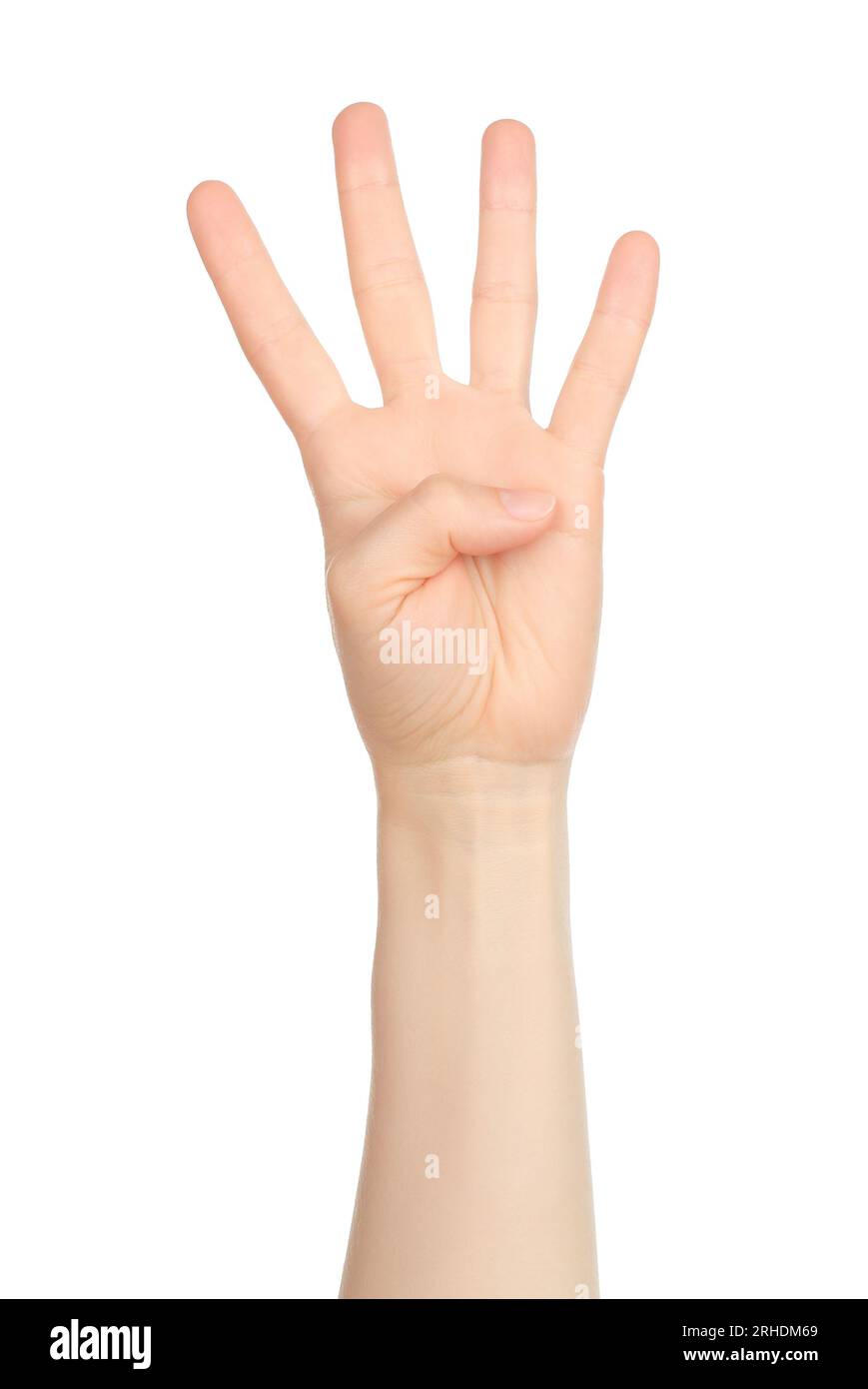 Woman hand shows finger-counting, on white background Stock Photo - Alamy