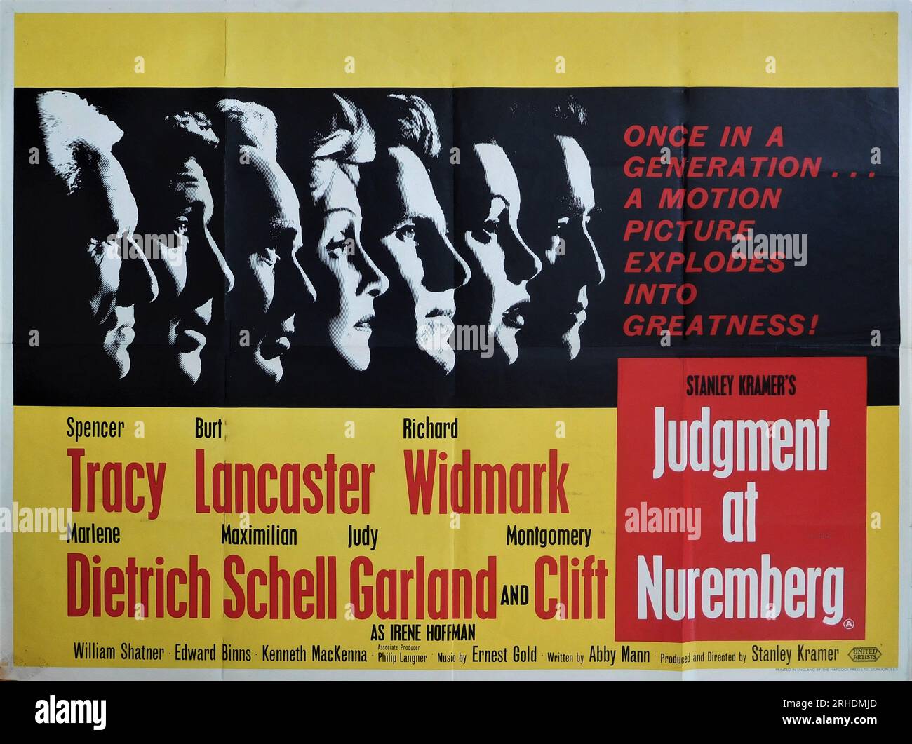 British Quad Poster for SPENCER TRACY BURT LANCASTER RICHARD WIDMARK MARLENE DIETRICH MAXIMILIAN SCHELL JUDY GARLAND and MONTGOMERY CLIFT in JUDGEMENT AT NUREMBERG 1961 director / producer STANLEY KRAMER based on original story by Abby Mann music Ernest Gold Roxlom Films Inc. / United Artists Stock Photo