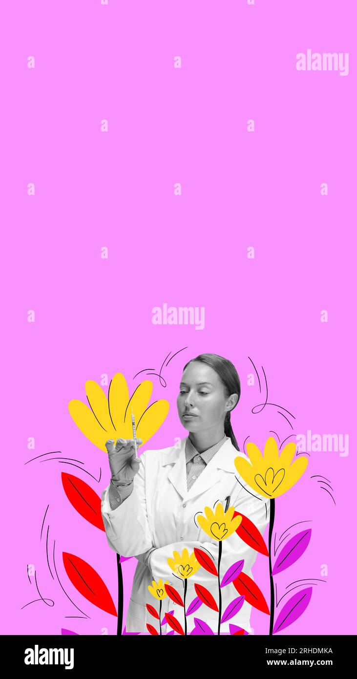 Wom working as doctor, standing with syringe. Gender equality in