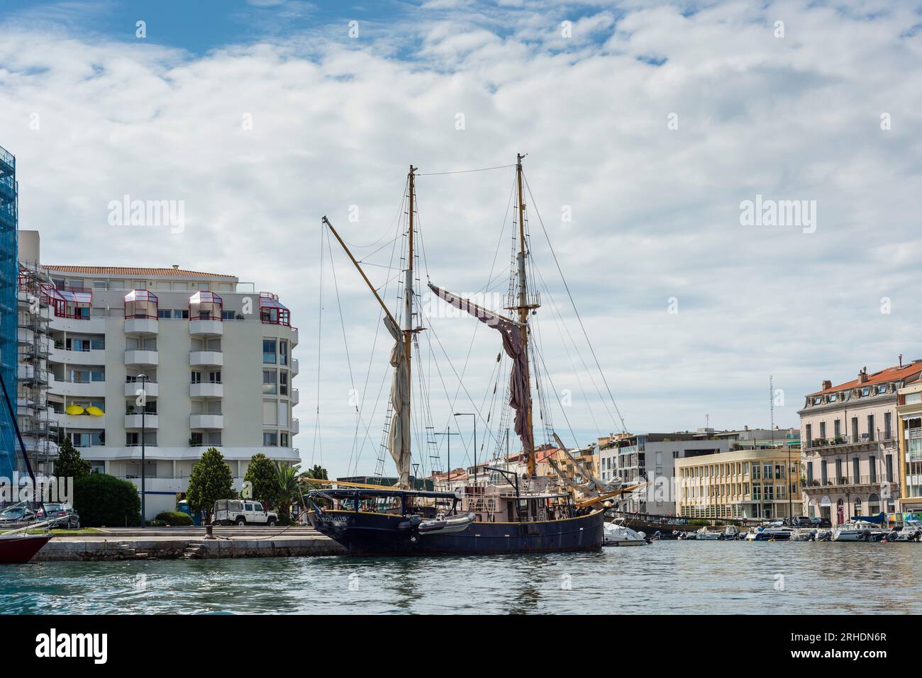 Tall Ship moored in canal, Sete, Herault, Occitanie, France Stock Photo