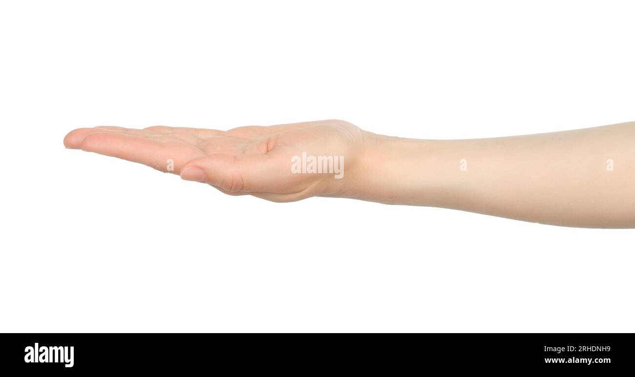 Woman hand shows virtual holding something, on white background close-up Stock Photo