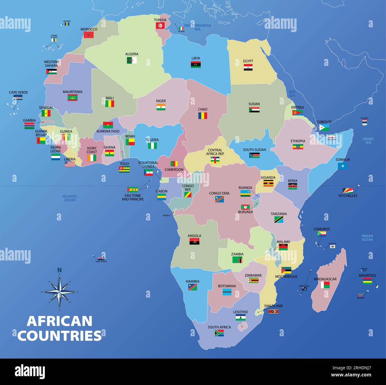 Map of African continent divided by nations and states with flags and country names, vector illustration Stock Vector