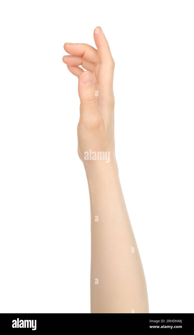 Woman hand shows virtual touching, on white background close-up Stock Photo