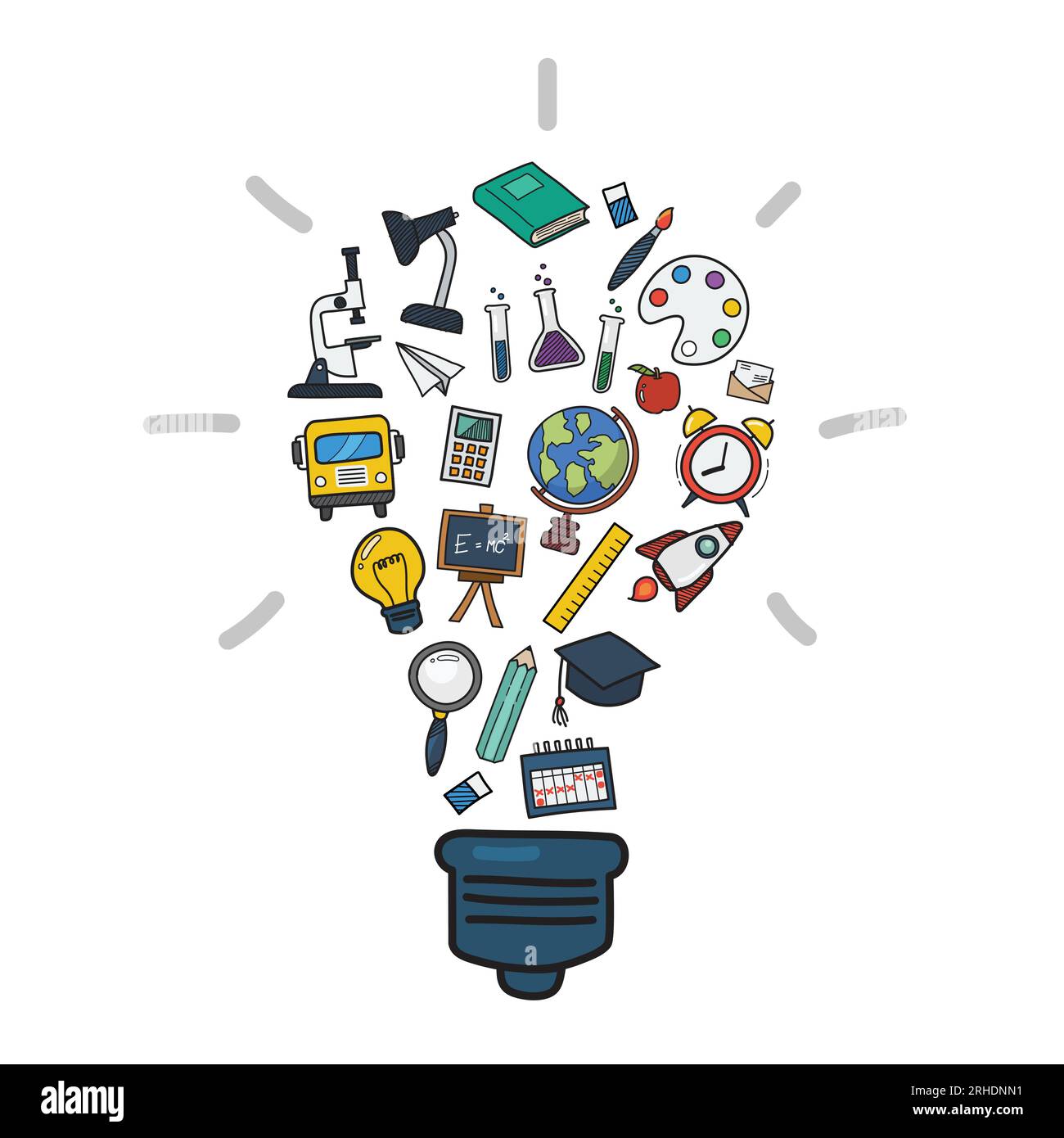 Education icons in Light bulb shape color doodle style. Vector