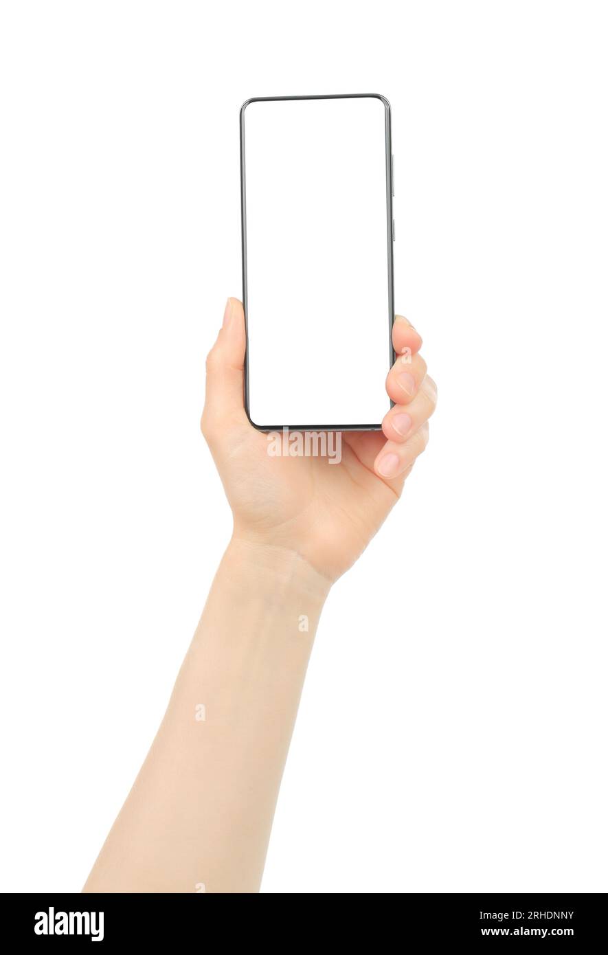 Hand holding modern Smart Phone, isolated on white background close-up Stock Photo