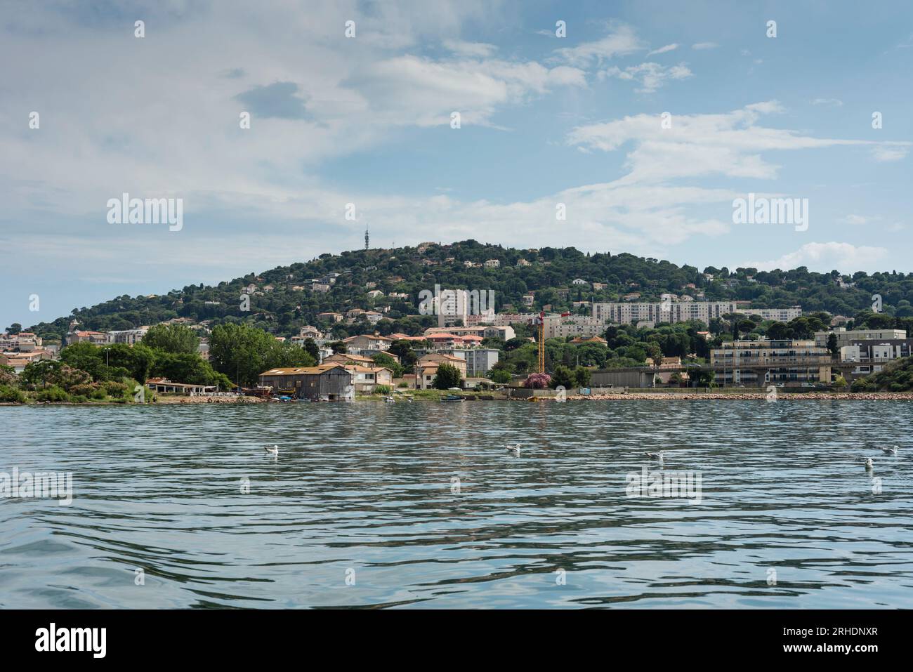 View of Sete from water bus heading towards Meze, Herault, Occitanie, France Stock Photo