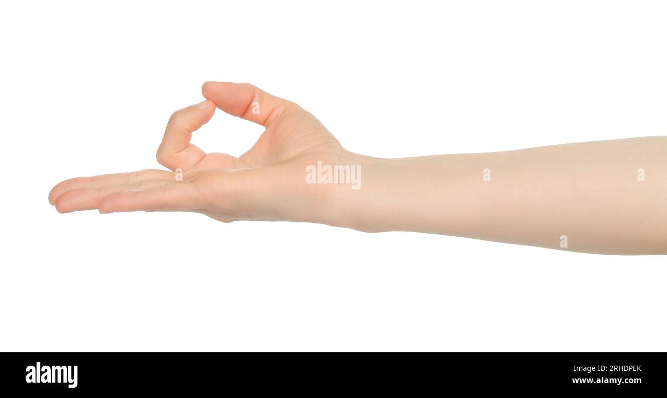 Woman hand shows virtual holding something, on white background close-up Stock Photo