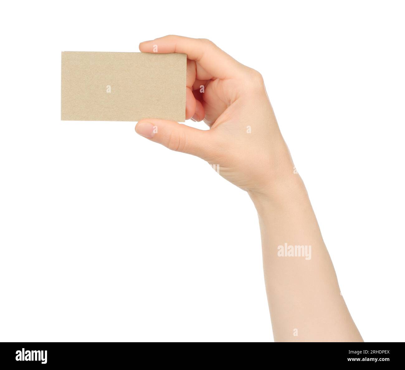 Hand holds blank business card on white background close-up Stock Photo