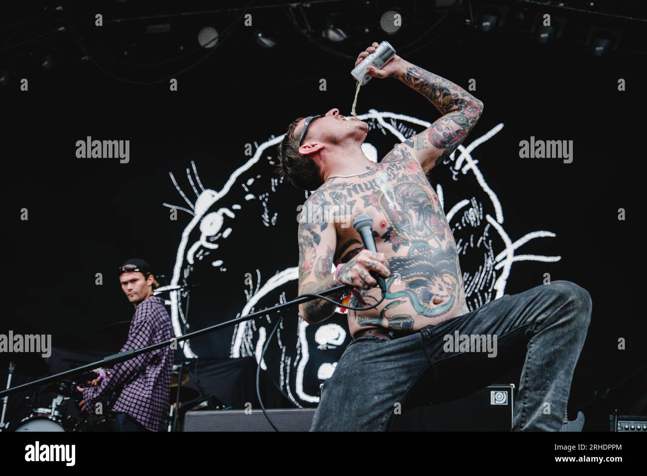 Gothenburg, Sweden. 12th, August 2023. The Swedish punk band Viagra Boys performs a live concert during the Swedish music festival Way Out West 2023 in Gothenburg. Here vocalist Sebastian Murphy is seen live on stage. (Photo credit: Gonzales Photo - Tilman Jentzsch). Stock Photo