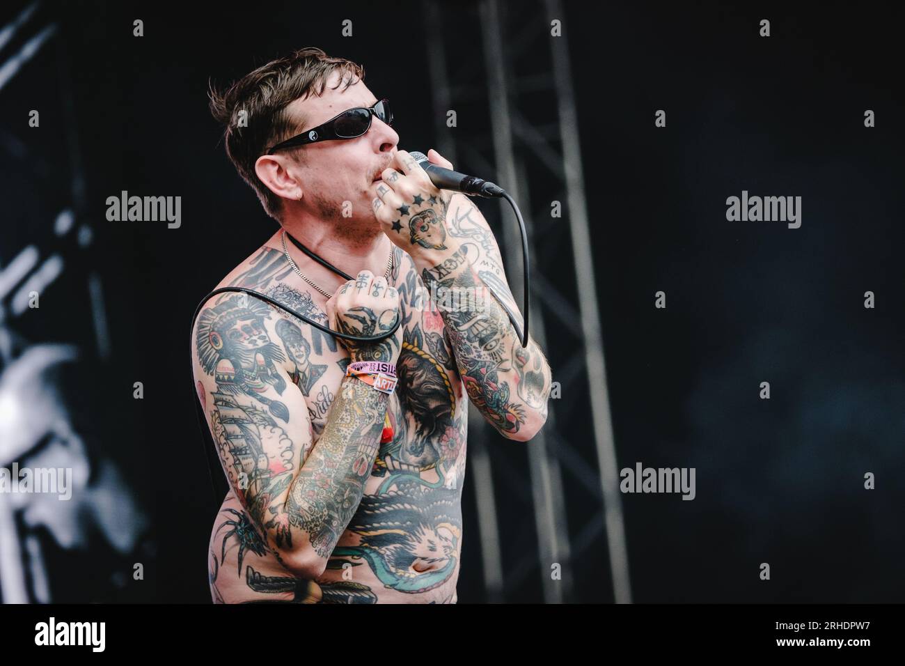 Gothenburg, Sweden. 12th, August 2023. The Swedish punk band Viagra Boys performs a live concert during the Swedish music festival Way Out West 2023 in Gothenburg. Here vocalist Sebastian Murphy is seen live on stage. (Photo credit: Gonzales Photo - Tilman Jentzsch). Stock Photo